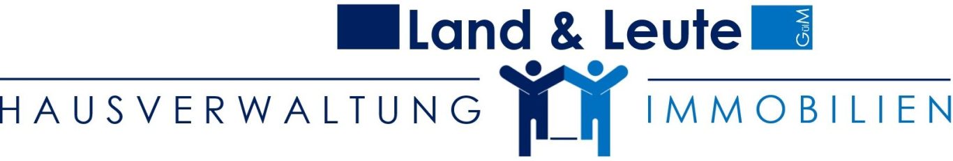 Land & Leute Hausverwaltung Bruckmühl – Immobilienlogo mit Schriftzug & Menschenfiguren Logo von "Land & Leute Bruckmühl" mit dem Schriftzug "Hausverwaltung Immobilien" und stilisierten Menschenfiguren.