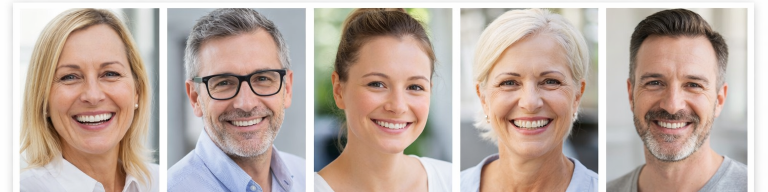 Porträts von fünf zufriedenen Kundinnen und Kunden Fünf lächelnde Personen unterschiedlichen Alters und Geschlechts in urbaner Umgebung.